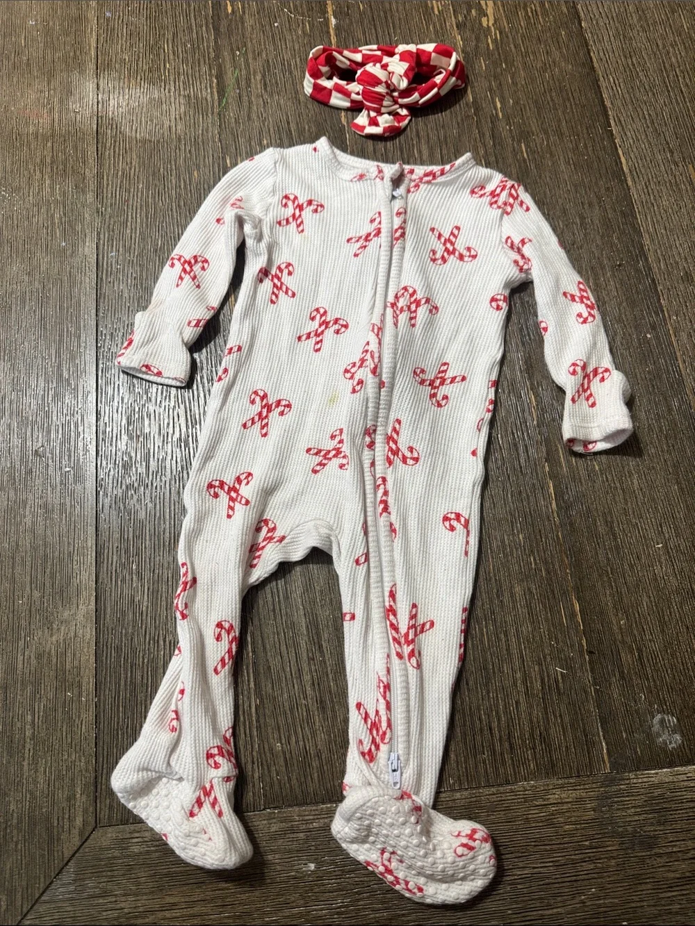 Angel Dear Candy Cane Footed Sleeper & Matching Bow Headband 6-9M Christmas